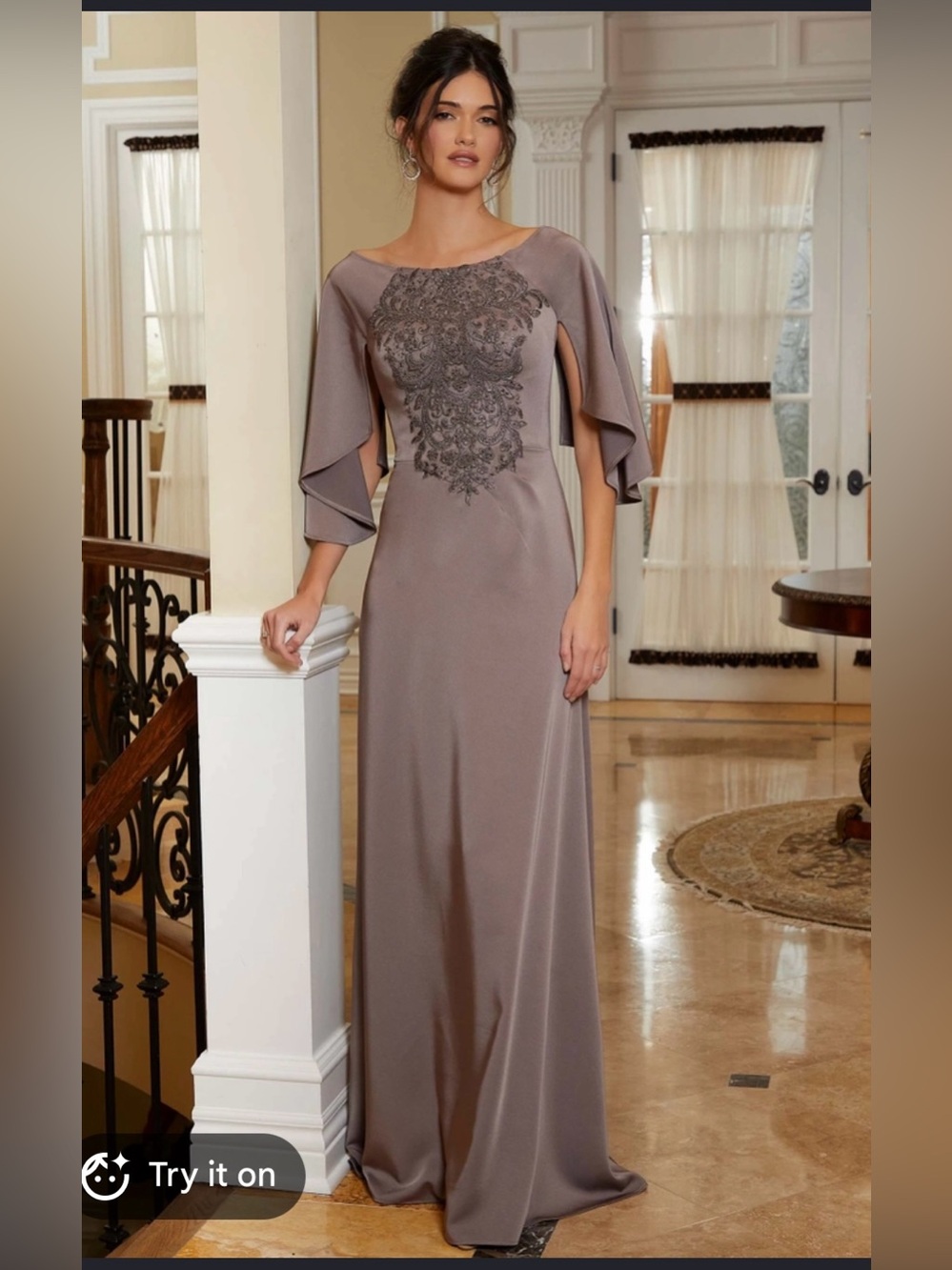 Elegant Taupe Maxi Dress with Embroidered Bodice